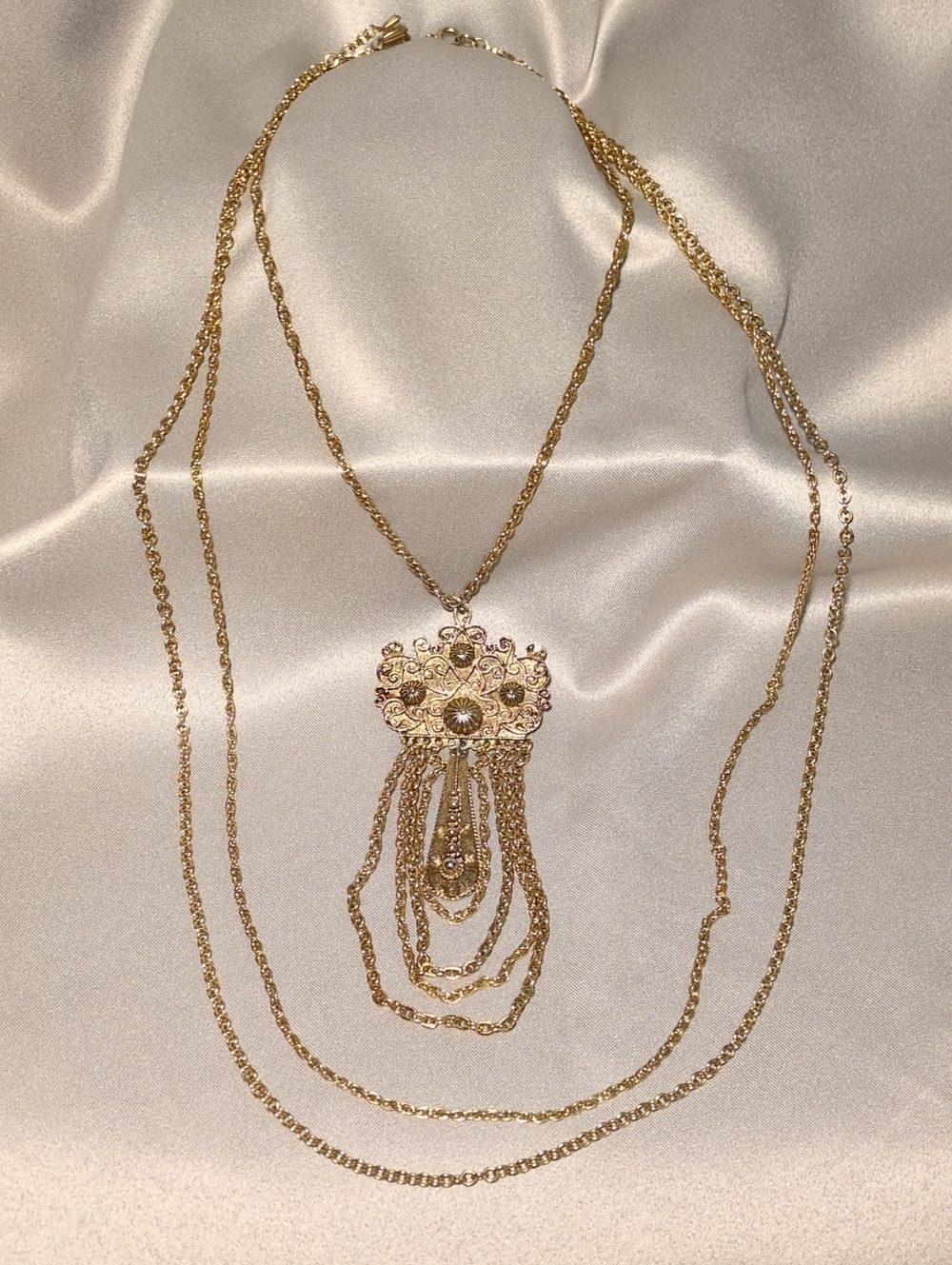 Gold Multi-Strand Floral Metallic Tassel Pendant Necklace- Victorian Revival